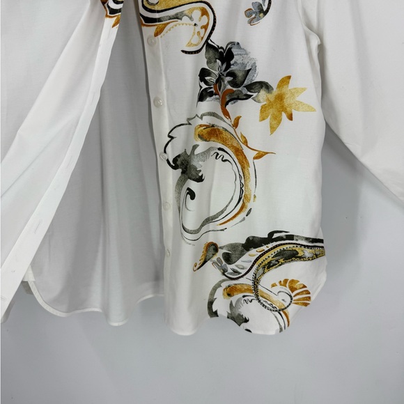 M Chico's No Iron™ Placed Floral Shirt with Black and Gold Floral Design 2/M - Picture 6 of 11